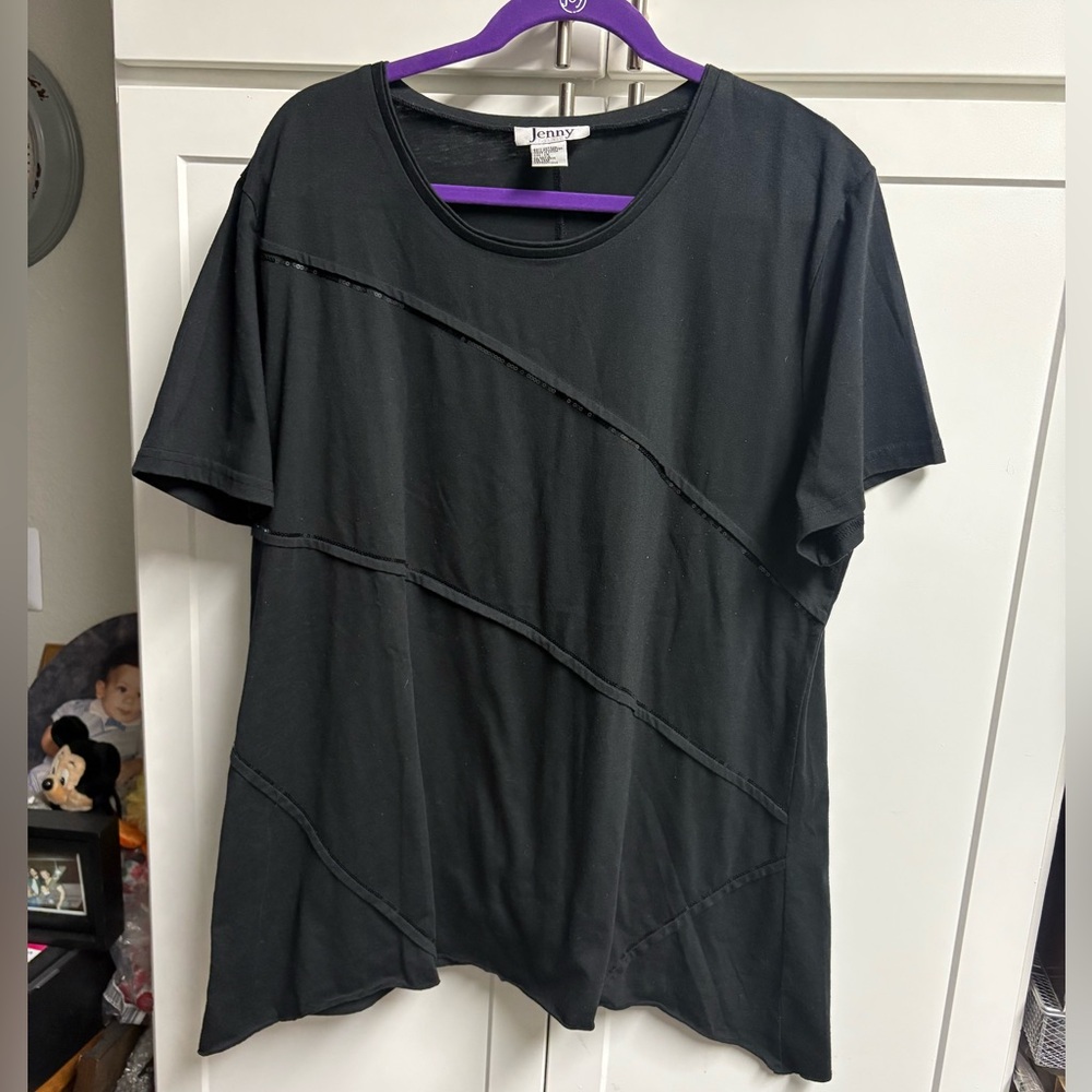 Jenny Round Collar Short Sleeve Tunic Top with Black Sequins Design Size 1X